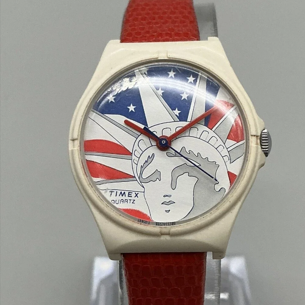 Vintage Timex T Cell Womens Watch 26mm Liberty Flag Dial Red Leather New Battery